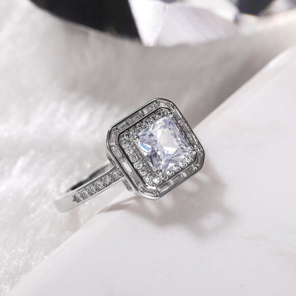 Luxury Engagement Clear Gem CZ Large Square Noble Thin Wedding Ring, K864